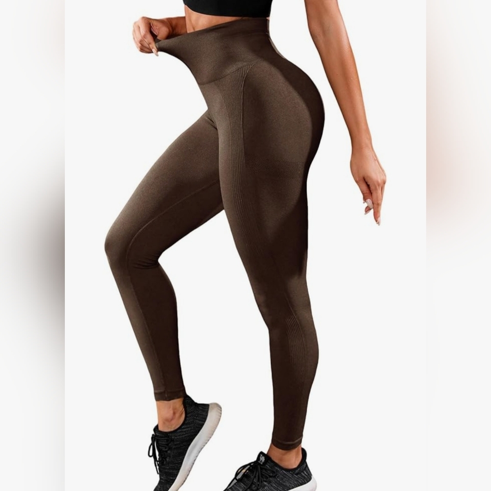 High Waisted Sculpting Leggings Brown Seamless Tummy Control Booty Lift 2XL